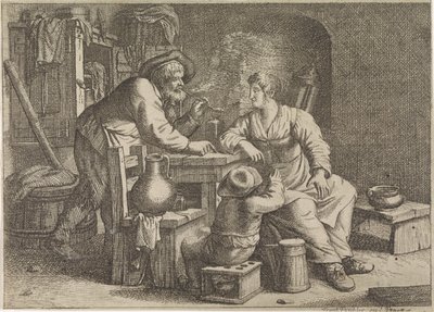 Belső egy dohányzó farmerrel, egy nővel és egy fiúval alkotó: Justus van den Nijpoort