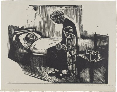 Látogatás a kórházban (4. lap innen: Die Schaffenden, 7. évfolyam, 2. mappa) alkotó: Käthe Kollwitz