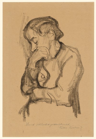 Félalakos női figura, aki jobb kezével eltakarja a száját alkotó: Käthe Kollwitz