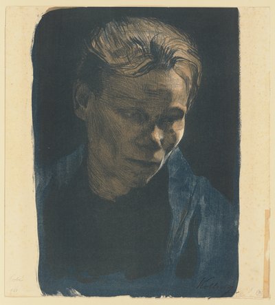 Kék vállkendős munkásnő félalakos portréja alkotó: Käthe Kollwitz