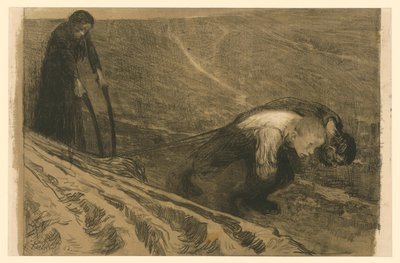 Ekehúzó és asszony (Elvetett változat a „Parasztháború” 1. lapjához, első állapot) alkotó: Käthe Kollwitz