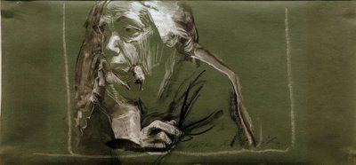 Önarckép balra, állon tett kézzel alkotó: Käthe Kollwitz