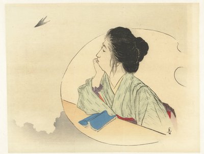 Nő néz egy madarat alkotó: Kajita Hanko