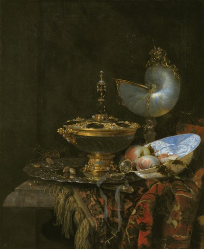 Pronk csendélet Holbein tállal, Nautilus csészével, üvegserleggel és gyümölcstállal alkotó: Kalf