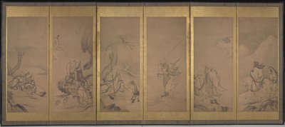 Buddhista, taoista és konfuciánus pátriárkák (tinta és aranylevél papíron) alkotó: Kano Sanraku