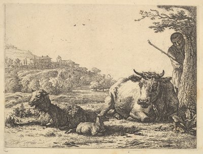 Tehén, felnőtt birka és fiatal juhok hevernek a fűben, mögötte részben pásztor áll..., 1656. alkotó: Karel Du Jardin