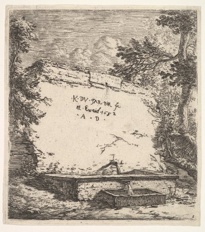 Homlokzat lépcsős szökőkúttal, kőfallal, vízkifolyóval, üregbe vizet öntő..., 1652. alkotó: Karel Du Jardin