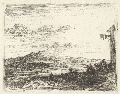 Táj épületsarokkal és napellenzővel jobbra, két figurával és egy lóval..., kb. 1641-78. alkotó: Karel Du Jardin