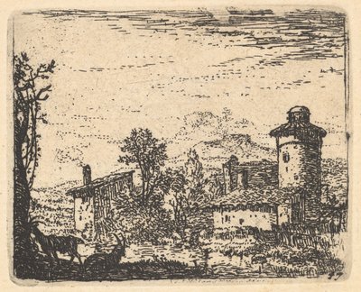 Táj két szarvas kecskével árnyékban a bal előtérben, falusi épületek bey..., kb. 1641-78. alkotó: Karel Du Jardin