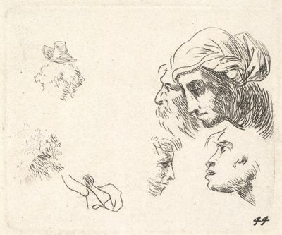 Tanulmány a fejekről profilnézetben, egy fejruhás nő és szakállas férfi, akinek a feje ..., kb. 1641-78. alkotó: Karel Du Jardin