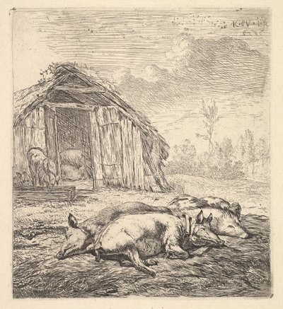 Három oldalukon heverő disznó, mögötte disznóól és vályú, 1652. alkotó: Karel Du Jardin