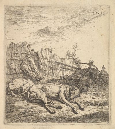 Két földön alvó kutya, egy eke, mezőgazdasági felszerelések, szalmacsokrok, és egy ..., kb. 1641-78. alkotó: Karel Du Jardin