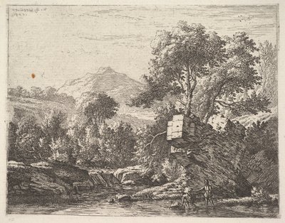 Két férfi áll bokáig egy vízben, mögöttük egy sziklás kiemelkedés, a le..., 1658. alkotó: Karel Du Jardin