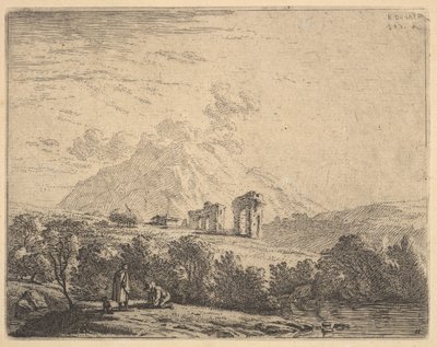 Kilátás a domboldalra romokkal, vízvezetékkel és hegyi sziklával, az előtérben egy m..., 1658. alkotó: Karel Du Jardin