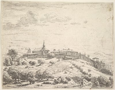 Fallal körülvett falu egy dombon, bal oldalon templommal és a lejtőn épült épületekkel a..., 1658. alkotó: Karel Du Jardin
