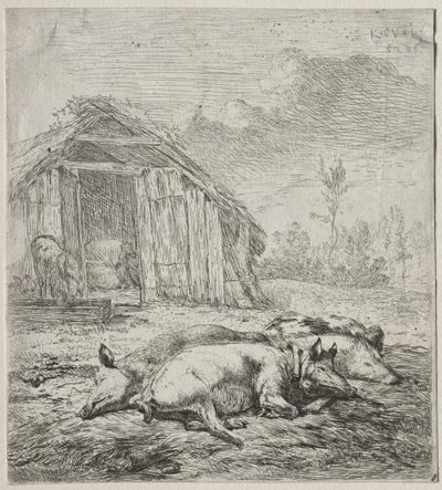 Három sertés feküdt egy büfé előtt alkotó: Karel Dujardin