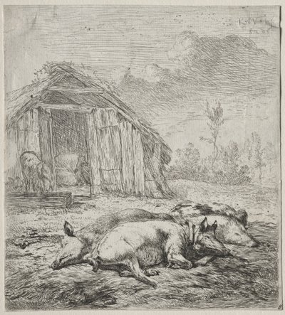 Három sertés feküdt egy büfé előtt. alkotó: Karel Dujardin