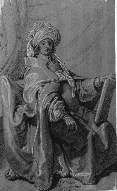 Ülő alak köpenyben és turbánban, kezében egy könyv. Jobbra néző. alkotó: Karel van III Mander