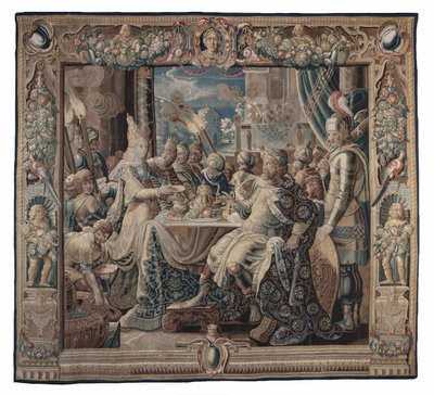 Kleopátra Antoniust szórakoztatja; faliszőnyeg, 1640 körül (gyapjú és selyem sima szövésű, gyapjú láncfonallal készült faliszőnyeg). alkotó: Karel van II Mander