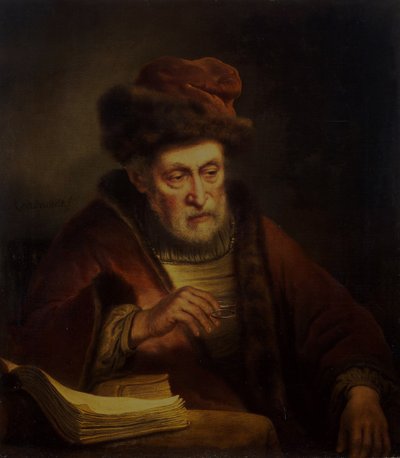 Öreg ember, aki egy szemüveget tart alkotó: Karel van der Pluym