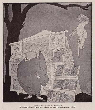 Ámor lóg egy fáról egy pornográfiát árusító utcai kioszk fölött (litho) alkotó: Karl Arnold