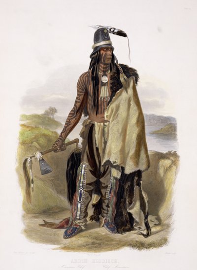 Abdih Hiddisch, a Minitarre főnöke, a „Travels in the Interior of North America” 2. kötetének 24. táblája, Rollet metszete, 1844 (akvatinta) alkotó: Karl Bodmer