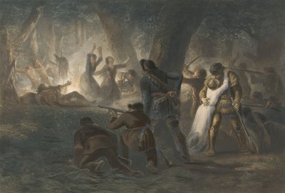 Daniel Boone és Richard Callaway lányainak szabadulása, pub. 1852 (színes metszet) alkotó: Karl Bodmer