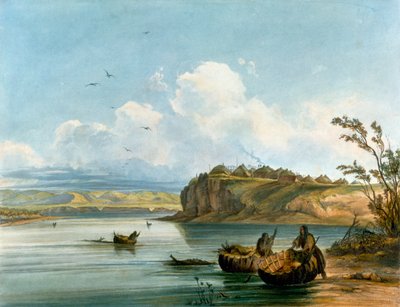 Mandan indián nők bivalybőrből készült csónakokon átkelve a Missouri folyón, indián civilizáció, Egyesült Államok alkotó: Karl Bodmer