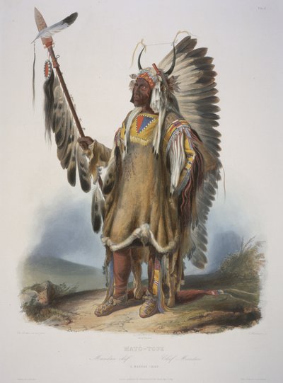 Mato-Tope, egy mandan törzsfőnök, J. Hurliman metszete, 1839-ben jelent meg (aquatinta) alkotó: Karl Bodmer