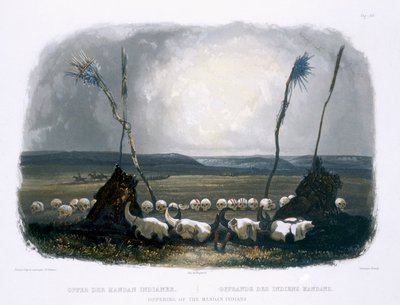 A mandan indiánok felajánlása, 14. tábla az "Utazások Észak-Amerika belsejében" 1. kötetéből, metszette Sigismond Himely (1801-72) 1843 (aquatinta) alkotó: Karl Bodmer