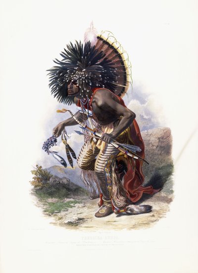 Pehriska-Ruhpa, Moennitarri harcos a kutyatánc jelmezében, 1840 alkotó: Karl Bodmer