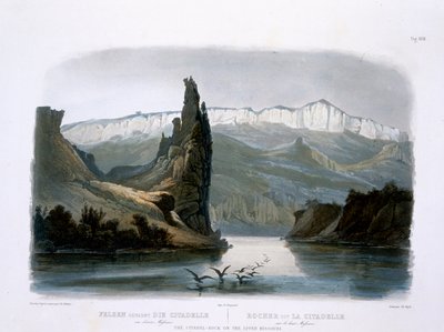 A Citadella szikla Felső-Missouriban, a „Travels in the Interior of North America” 1. kötet 18. táblája, Carl Vogel (1816-51) metszete, 1843 (akvatinta) alkotó: Karl Bodmer