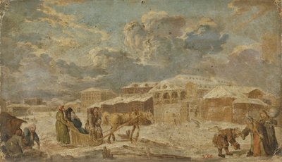 Városi tér télen, a 18. század második felében. alkotó: Karl Friedrich Knappe