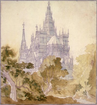 Erdős táj gótikus templommal (ceruza, tus és akvarell) alkotó: Karl Friedrich Schinkel