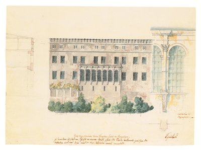 A stettini kastély északi homlokzatának új lépcsőházának terve, a loggia melléktanulmányával, a homlokzat keresztmetszetével és egy kötött pilaszterrel, 1840 körül (ceruza, toll és tinta alkotó: Karl Friedrich Schinkel