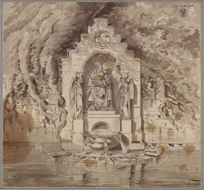Egy Madonna-szoborral és két angyalszoborral díszített forrás építészeti terve alkotó: Karl Friedrich Schinkel