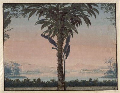 Athalia. Johann Nepomuk von Poissl operája. Terv a 4. díszlethez. A főpap kertje nagy pálmafával egy vízfelület előtt alkotó: Karl Friedrich Schinkel
