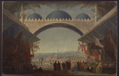 Aucassin és Nicolette. Georg Abraham Schneider operája. Terv az 5. díszlethez. Bazár Tuniszban alkotó: Karl Friedrich Schinkel