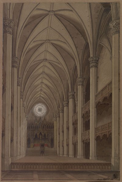 Berlin. Szent Péter-templom. Terv a gótikus stílusú újjáépítéshez. Belső nézet az oltár felé alkotó: Karl Friedrich Schinkel