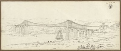 Kilátás a Bangor melletti, walesi Menai-szoros feletti függőhídra alkotó: Karl Friedrich Schinkel