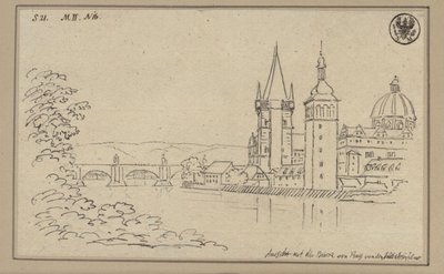 Látkép a prágai Károly hídról az óvárosi hídtornnyal és a keresztesek templomának kupolájával alkotó: Karl Friedrich Schinkel