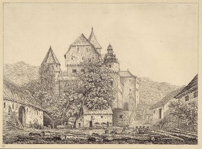 Várszerű épületcsoport hegyvidéki tájban alkotó: Karl Friedrich Schinkel