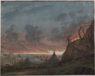 Az orléans-i szűz. Friedrich Schiller tragédiája. Terv a 4. díszlethez. Az angolok égő tábora alkotó: Karl Friedrich Schinkel