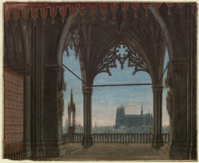 Az orléans-i szűz. Friedrich Schiller tragédiája. Terv a 8. díszlethez. Gótikus csarnok Reimsre nyíló kilátással alkotó: Karl Friedrich Schinkel