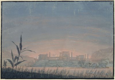 A varázsfuvola. Wolfgang Amadeus Mozart operája. Terv a 10. díszlethez. Táj Sarastro várával alkotó: Karl Friedrich Schinkel