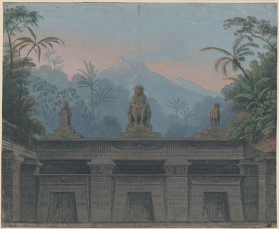 A varázsfuvola. Wolfgang Amadeus Mozart operája. Terv a 4. díszlethez. Sarastro templomának előudvara alkotó: Karl Friedrich Schinkel
