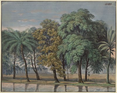A varázsfuvola. Wolfgang Amadeus Mozart operája. Terv a 6. díszlethez. A Próbák templomának előudvara alkotó: Karl Friedrich Schinkel
