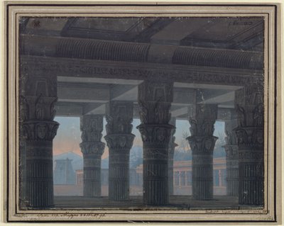 A varázsfuvola. Wolfgang Amadeus Mozart operája. Terv a 8. díszlethez. A labirintus előcsarnoka alkotó: Karl Friedrich Schinkel
