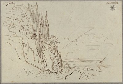 Gótikus templom meredek tengerparton, a felkelő nap előtt alkotó: Karl Friedrich Schinkel