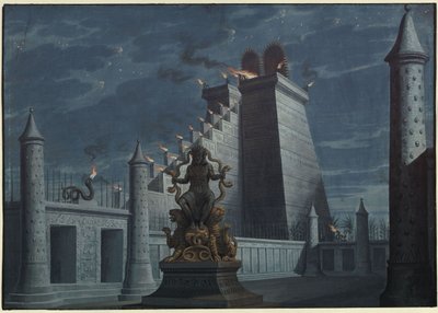 Fernand Cortez, avagy: Mexikó meghódítása. Gaspare Spontini operája. Terv az 1. díszlethez. Indián tűztemplom alkotó: Karl Friedrich Schinkel